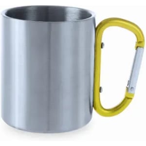 A drink bottle with a stainless steel body and a yellow carabiner handle. It features a simple design with a metallic finish.