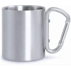A drink bottle featuring a stainless steel body and a metallic carabiner handle.