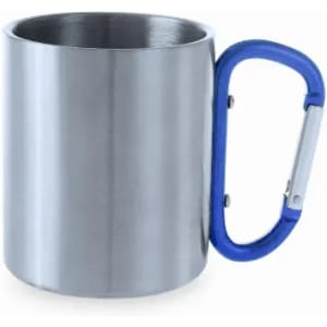 A drink bottle with a stainless steel body and a blue carabiner-style handle, featuring a sleek, modern design.