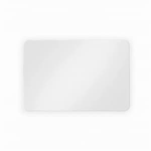 A rectangular mirror in a simple white frame, featuring a smooth reflective surface.