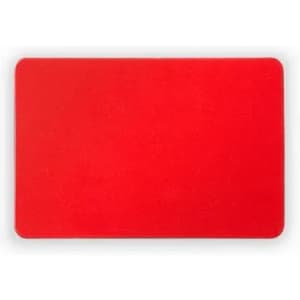 A red placemat with a smooth surface and rounded edges, featuring no patterns or logos.