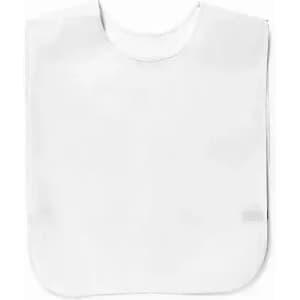A white bib with a rounded neck and a simple design. It includes a branding logo.