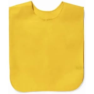 A yellow bib with a rounded neckline and a simple, smooth design. It features a logo on the side.
