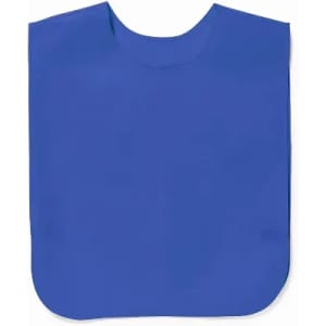 A blue promotional bib with a rounded neckline and a simple design. It features a branding logo.