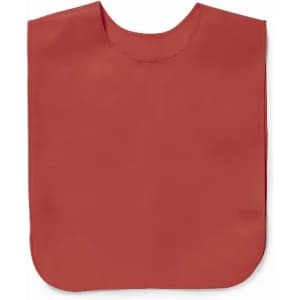 A red bib with a rounded neckline and a soft texture. It features a simple design without any logos or patterns.