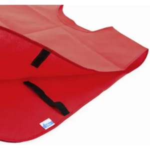 A red apron with a smooth surface, featuring a black strap and a small label on the underside.