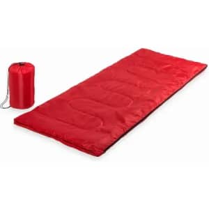 A sleeping bag in vibrant red, laid flat with a matching storage sack beside it.