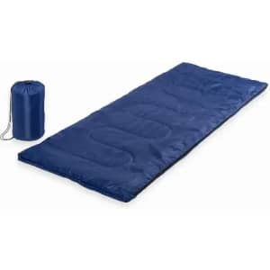 A blue sleeping bag laid out beside its blue storage bag. The sleeping bag features a padded design.