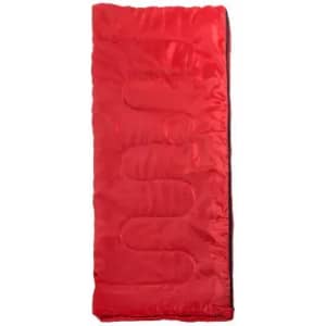 A sleeping bag in bright red with a textured surface and a logo on it.