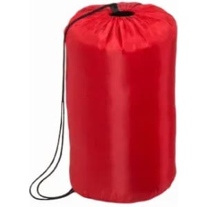 A red drawstring storage bag made of shiny fabric, featuring a cinch closure at the top.