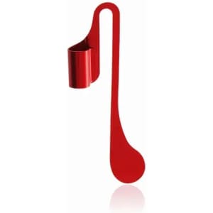 A red promotional product with a hanging design and a cup holder attachment. It has a sleek, modern shape.