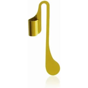 A gold drink bottle holder in a musical note shape, featuring a curved design and a cup attachment.