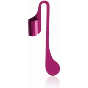 A drink bottle holder in vibrant fuchsia, featuring a sleek, curved design with a cup attachment.