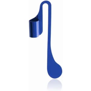 A blue bottle opener with a long handle and a circular opening for bottle caps.