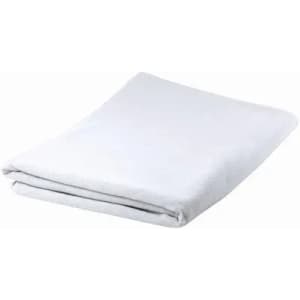 A folded white towel displayed on a plain background, showcasing its soft texture.