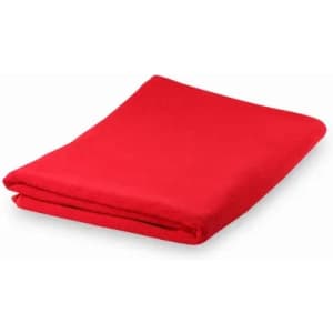 A folded red blanket with a smooth texture, neatly arranged.