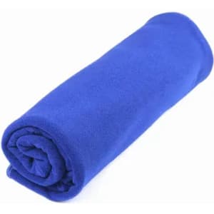 A rolled-up blue fleece blanket, neatly wrapped and soft to the touch. It features a smooth texture.