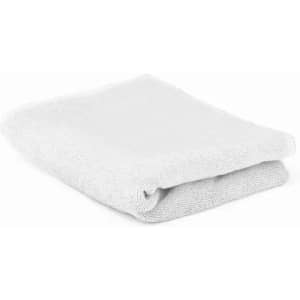 A folded white towel is displayed, showcasing its soft texture and simple design. It features no visible branding.