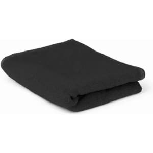 A folded black towel displayed neatly. It has a soft texture and appears to be a standard bath towel size.