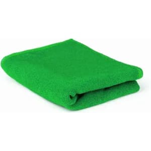 A folded green towel made of textured fabric, displayed on a white background.