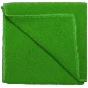 A green blanket folded in a square, featuring a soft fabric texture. It has neat stitched edges.