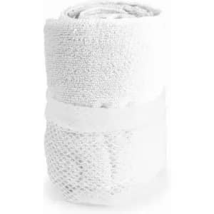 A rolled white towel secured with a band, featuring a textured surface with a mesh section.