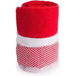 A red and white gym towel featuring a mesh section, rolled neatly for easy storage.