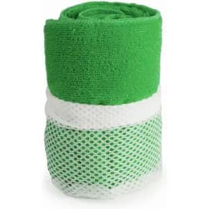A green and white gym towel wrapped in a mesh holder. Features a textured fabric and breathable design.