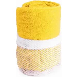 A rolled yellow towel with a white mesh holder, featuring a soft texture suitable for gym use.