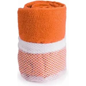 An orange towel wrapped in white mesh, featuring a textured fabric for absorbency.