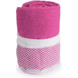A pink gym towel wrapped in mesh, featuring a white section at the bottom. The towel is compact and rolled.