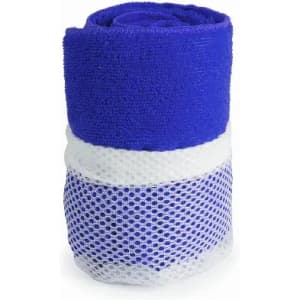 A rolled towel in blue and white fabric, featuring a textured mesh layer at the bottom. It has a simple design with no visible branding.