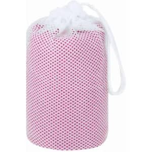 A gym towel in a cylindrical mesh bag, featuring a pink and white design. The bag has a drawstring closure.