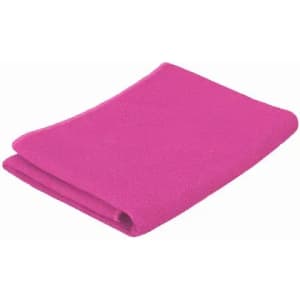 A folded pink gym towel featuring a simple design and a logo. Suitable for leisure and outdoor activities.