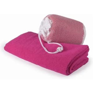 A pink gym towel neatly folded beside a pink mesh storage bag with a drawstring closure.