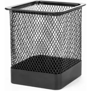 A black mesh wastepaper basket with a sturdy base, featuring a square shape and a grid-like design.