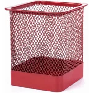 A red wire mesh wastebasket with a square base and an open top, featuring a sturdy design.