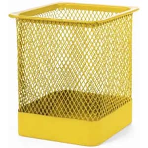 A yellow mesh wastebasket with a square design and solid base. It features a lattice-like texture.