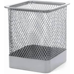 A grey mesh waste basket with a square shape and a solid base, designed for waste disposal.