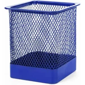 A blue mesh wastebasket with a solid base, featuring a square shape and a network design.