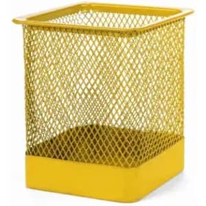 A yellow mesh wire basket with a solid base, featuring a square design and open top.