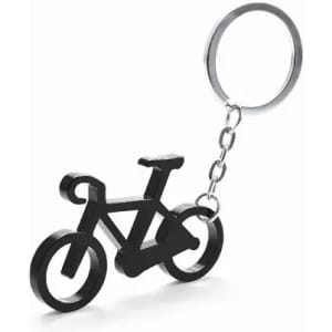 A keychain shaped like a black bicycle, attached to a metal chain and ring.