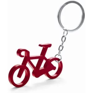 A red bicycle-shaped keyring attached to a chain, featuring a sleek design with rounded wheels.