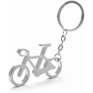 A keychain shaped like a bicycle, made of shiny silver metal with a chain attachment.