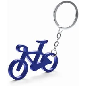 A keychain shaped like a blue bicycle, attached to a metal keyring, with a sleek and modern design.