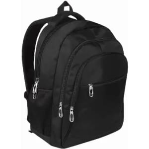 A black backpack with multiple compartments, featuring zippers and a side mesh pocket. It has shoulder straps for carrying.