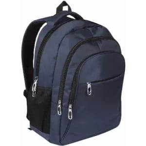 A dark blue backpack with multiple compartments and zippers, featuring a mesh pocket on the side.