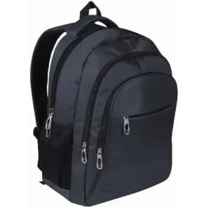 A black backpack featuring multiple compartments, zippers, and side mesh pockets, with adjustable straps.