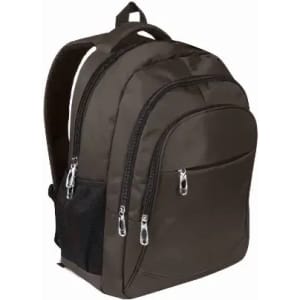 A brown backpack featuring multiple zippered compartments and adjustable shoulder straps. It has a side mesh pocket.