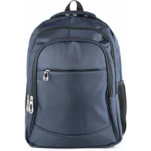 A navy blue backpack with multiple compartments and a mesh side pocket, featuring a branded logo.
